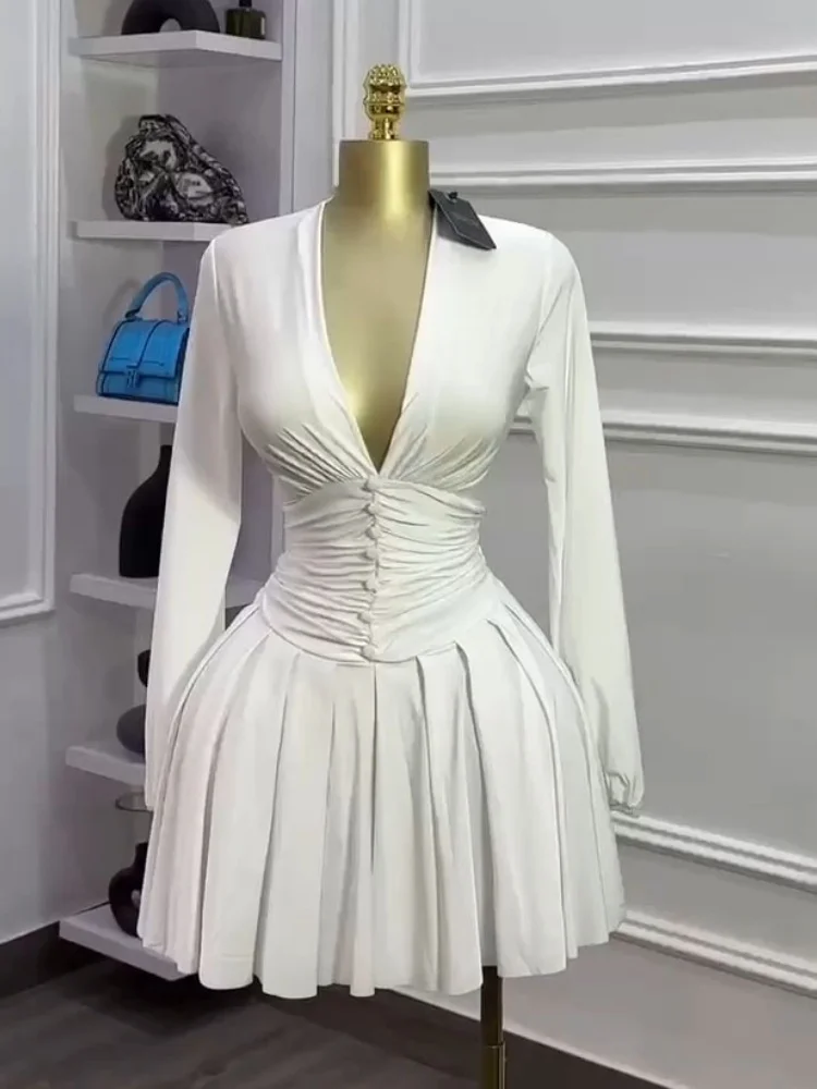 Wmstar ドレス女性卸売ソリッド女性のプリーツディープ V ネック長袖ドレスと新しいスタイルのスカート女性服