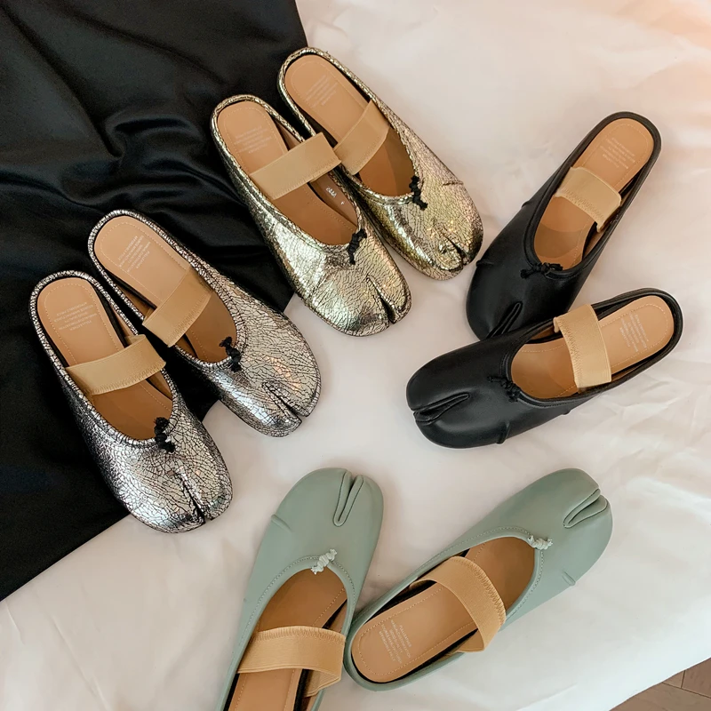 

Spring New Chic Women Genuine Leather Comfy Flats Split Toe Casual Slippers Mules Moccasins Daily Walking Flat Shoes Gold Silver