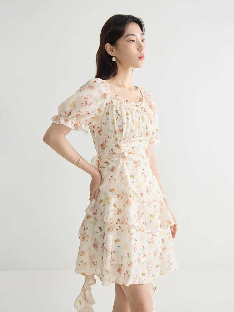 

DUSHU Women Dress Summer Floral Chiffon Knee-Length A-LINE Dresses Sweet Puff Sleeve Square Neck Boho Female Dress 24DS82665