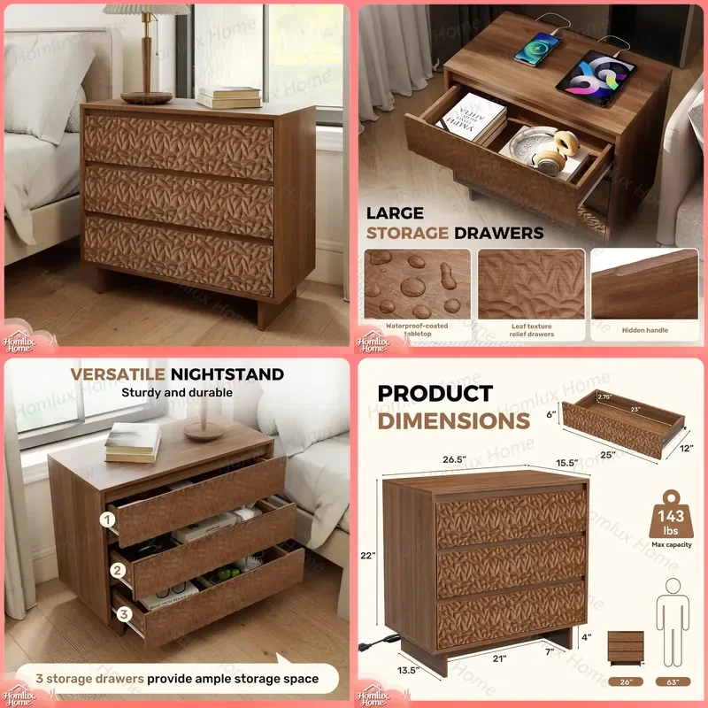 Modern 3-Drawer Wooden Bedside Table with USB Charging Port Power Socket Waterproof Hidden Handle Eco-Friendly Handmade