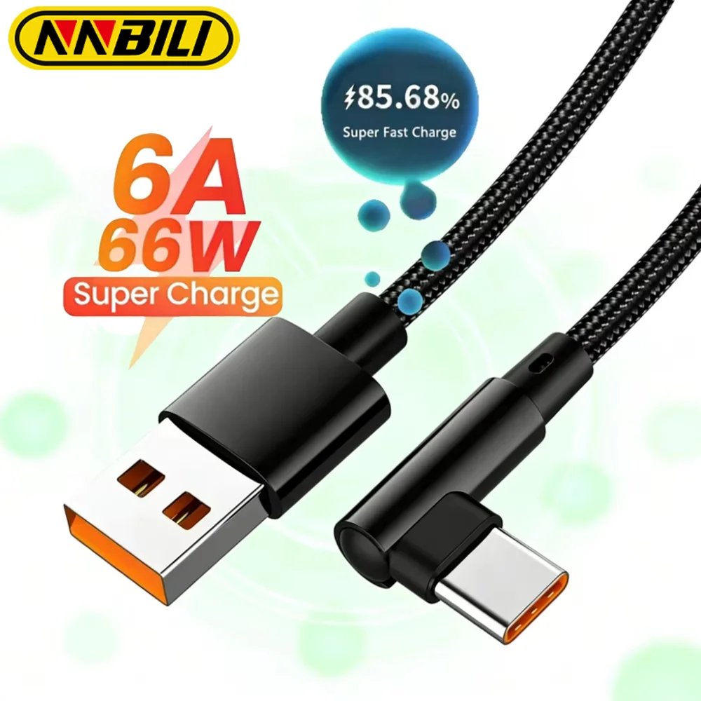 NNBILI 6A 66W USB Type C Cable 90 Degree Elbow Fast Charging Data Cord For Huawei Samsung Xiaomi Phone Charger USB C Quick Wire