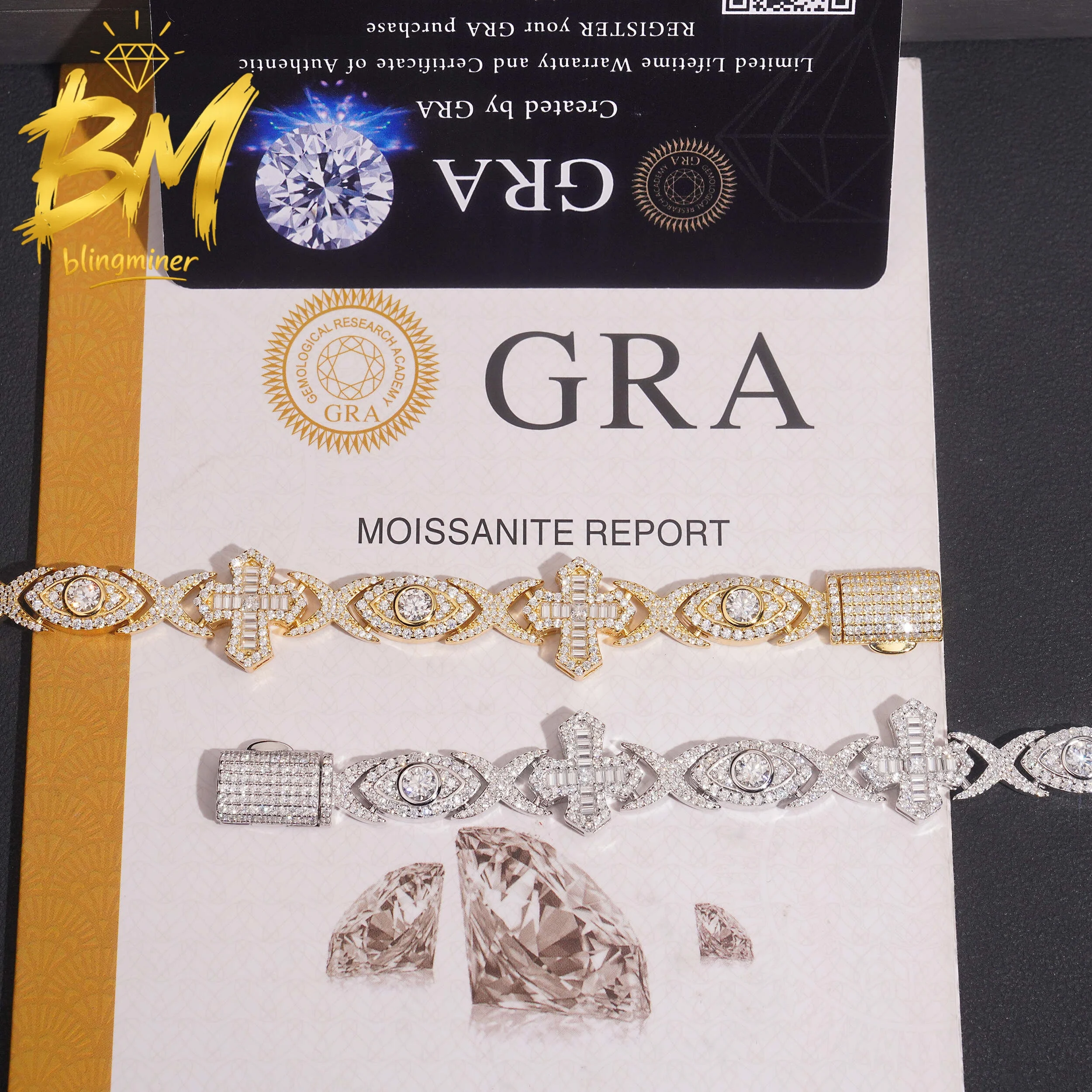 Blingminer 14mm Eyes and Cross Hip Hop VVS Moissanite Cuban Link Bracelet For Men S925 Silver Jewelry Pass Diamonds Tester GRA