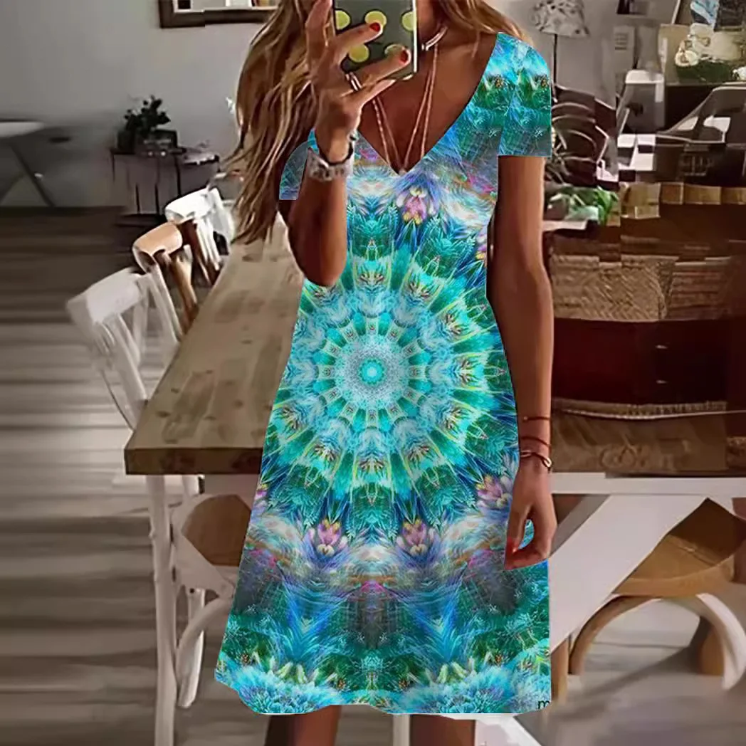 

Plant Flowers Colorful Print Dress For Summer 2024 Women Vintage Loose Dress Casual V-Neck Holiday Korean Dress Vestido Elbise