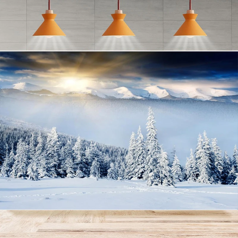 

Snowy Mountain Photography Backdrop Party Winter Beautiful Snow Mountain Pine Forest Background Wall Home Party Decor Banner