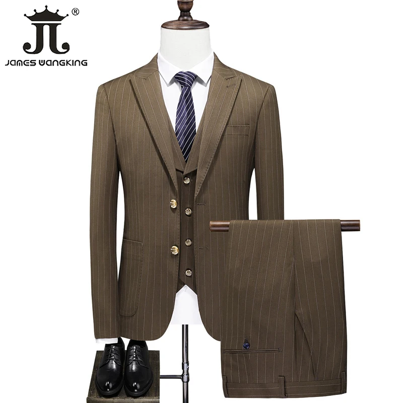 ( Jacket + Vest + Pants ) High-end Brand Formal Business Men\'s Suit Three-piece Groom Wedding High-end Brand Luxury Striped Suit