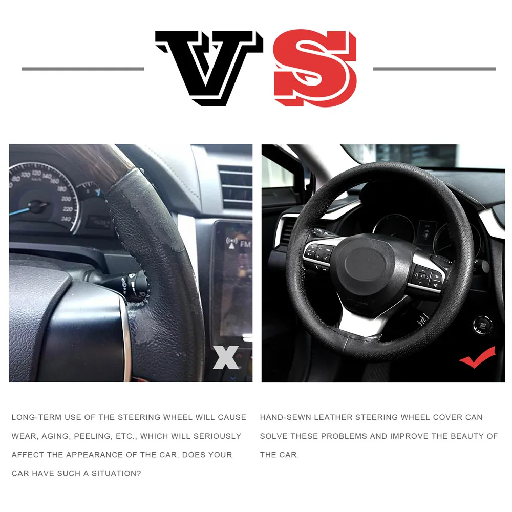 3 Colors DIY Sew Genuine Leather Car Steering Wheel Cover Punched Anti-slip Breathable 38cm 15inch for Lada Kia Hyundai Toyota