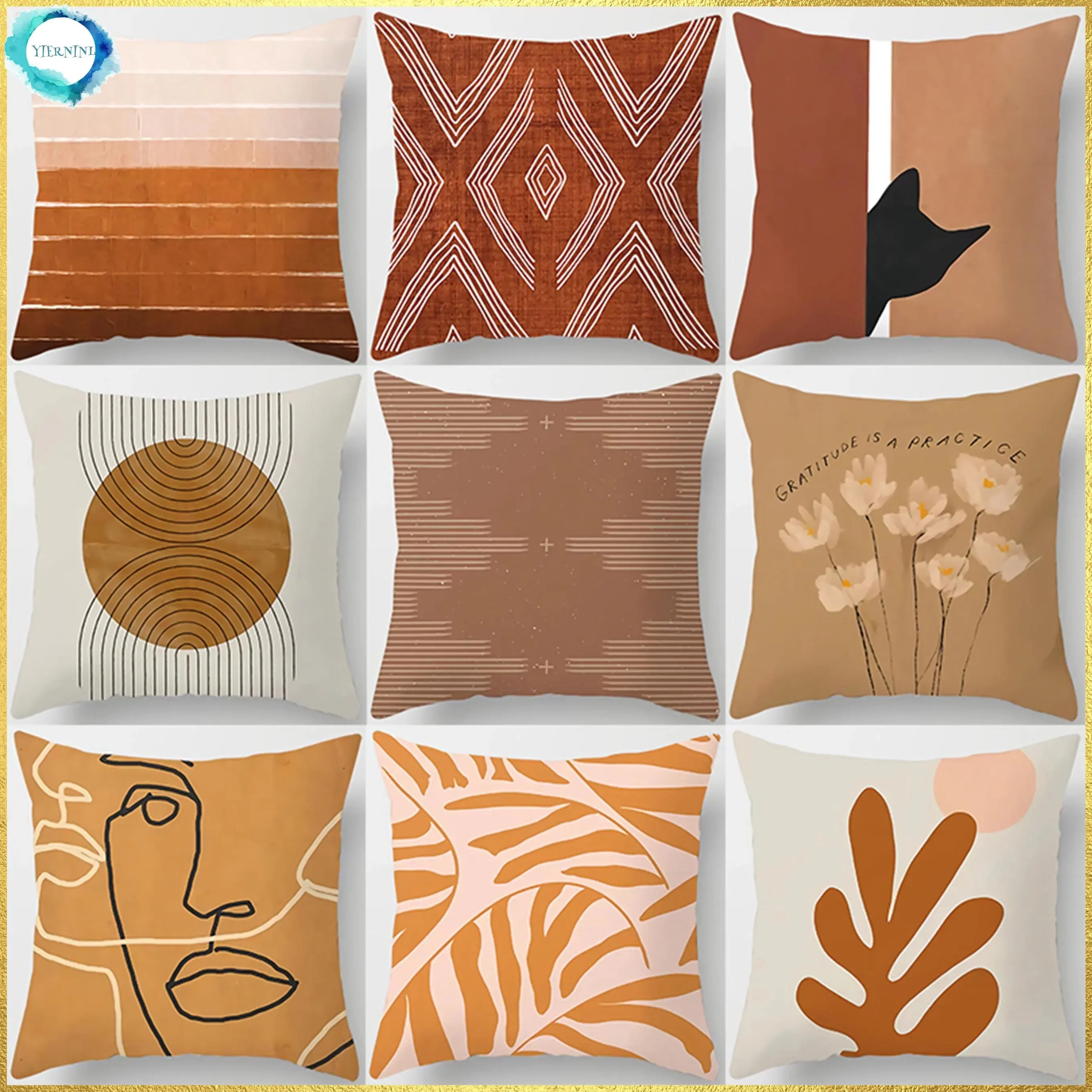 Brown Geometric Print Square Pillowcase Home Goods Car Sofa Cushion Cover