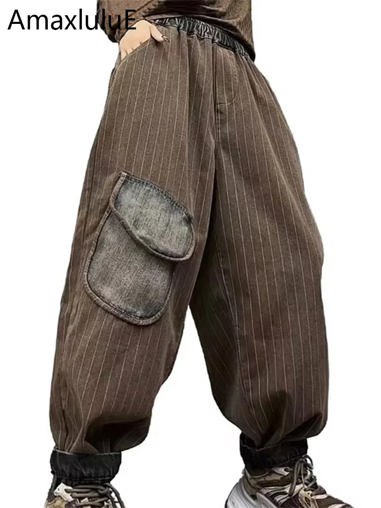 

Amax luluE женские модные весенние полосатые джинсы свободные повседневные джинсовые брюки женские классические винтажные брюки с эластичной резинкой на талии в стиле панк