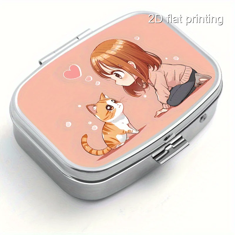Square Metal Box with Character and Cat Prints, Two-Compartment Metal Box, Mini Portable Metal Box, Suitable for Travel, Outdoor Activities, or as a Portable Metal Case for Wallets or Bags, Decorative Jewelry and Earring Storage Box, Multifunctional Metal Box, Multi-Compartment Storage Box for Vitamins, Organizer Box, Suitable for Home Use, Travel, Sealed and Moisture-Proof, Unique Holiday Gift, Birthday Small Gift, Collection Box