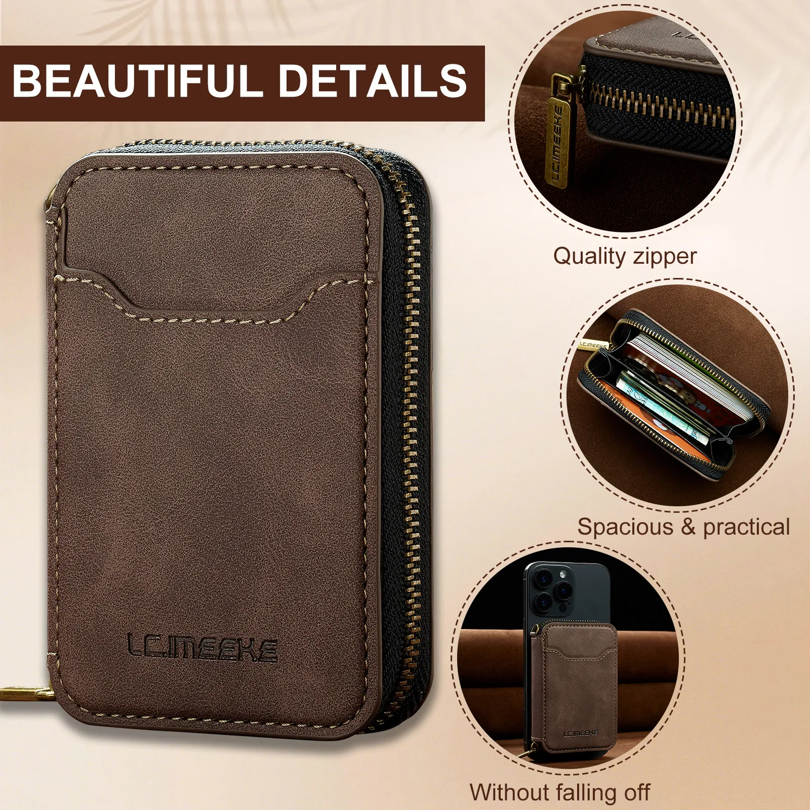 Magnetic Attraction Zipper Leather Card Slot Wallet for iPhone 17 Samsung Galaxy Google Xiaomi Phone MagSafe Magnetic Phone Bag