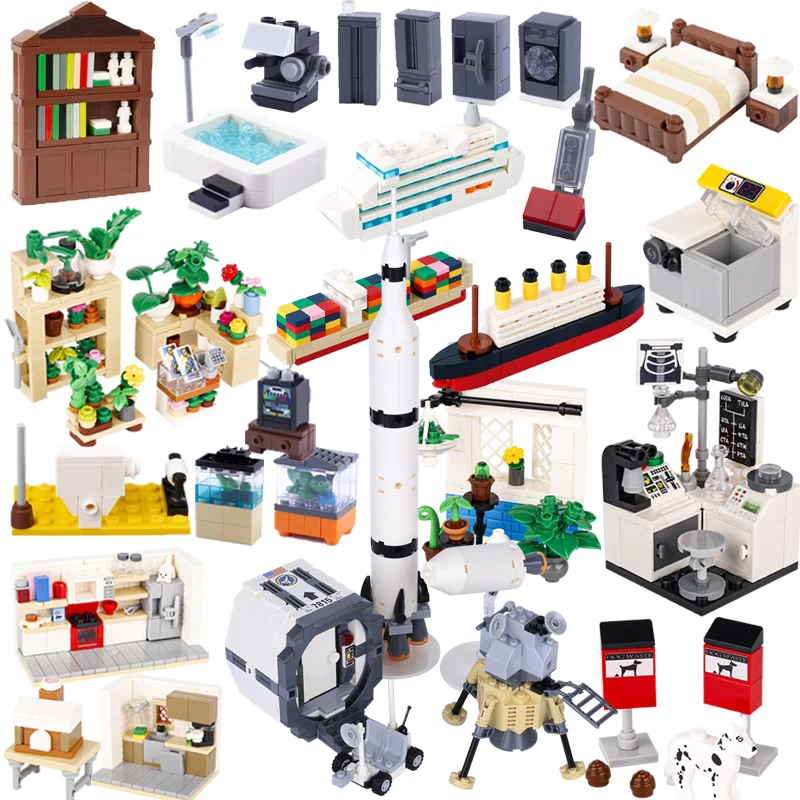 City Building Blocks ชุดเฟอร์นิเจอร์ไวน์ตู้ห้องน้ําอ่างอาบน้ําเตียงเปียโนทีวีโซฟาเครื่องปรับอากาศตู้เย็นเสียงของเล่น R048