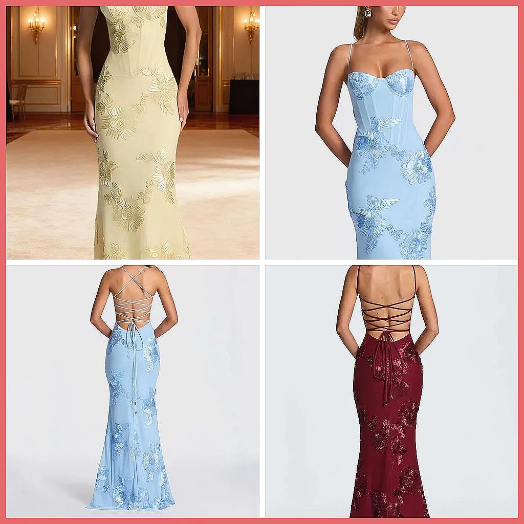 

3D Floral Embroidery Maxi Dress, Sexy Backless Off-Shoulder Evening Gown for Women