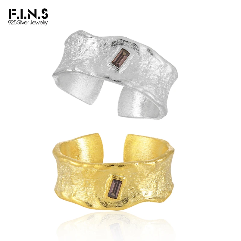 

F.I.N.S Original S925 Sterling Silver Rings Woman Texture Irregular Square Zircon Open Resizable Index Finger Fine Jewelry