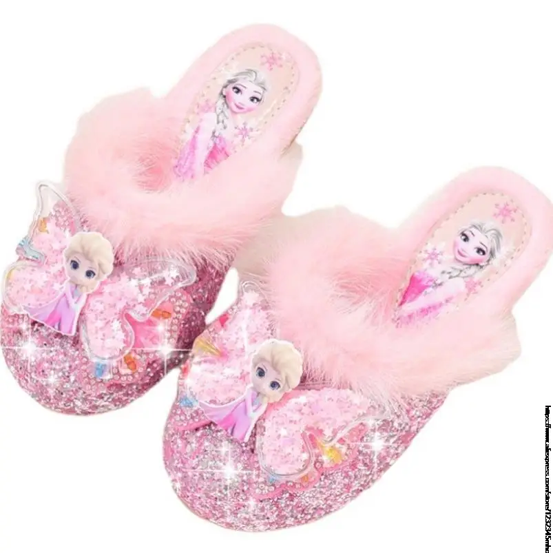 Disney Girls Fur Slipper Frozen Sequined Princesse Children Party Dress Elsa Shoes Leather Home Slipper For Kids Slides