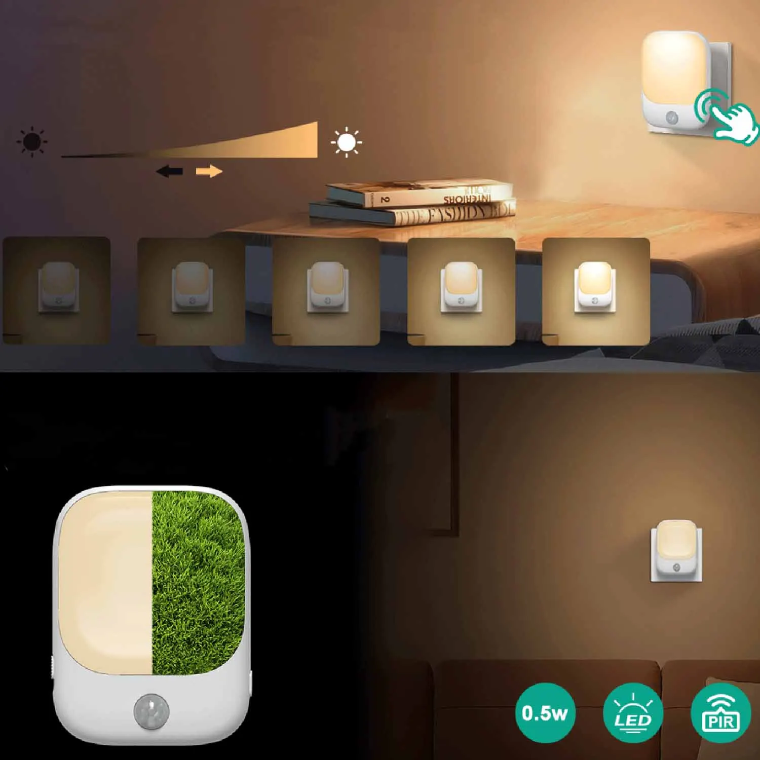 Veilleuse avec détecteur de mouvement, lot de 2 prises de veilleuse LED avec 3 modes (ON/AUTO/OFF) et 5 luminosité variable pour chambre à coucher