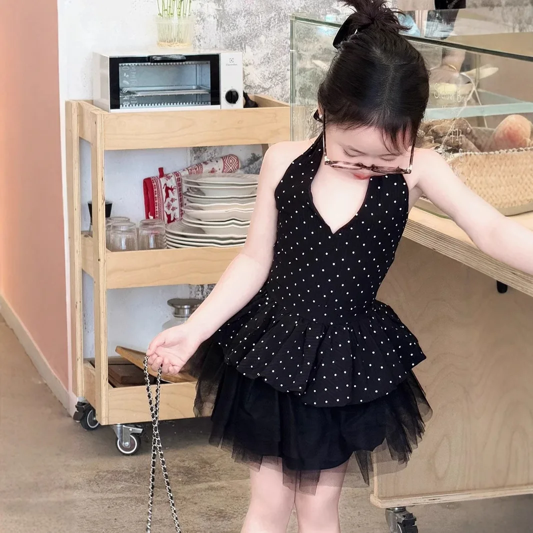 

Korean Version of Girls' Summer Hong Kong Style Neck Top Polka Dot Suspender Retro Black Gauze Skirt Skirt