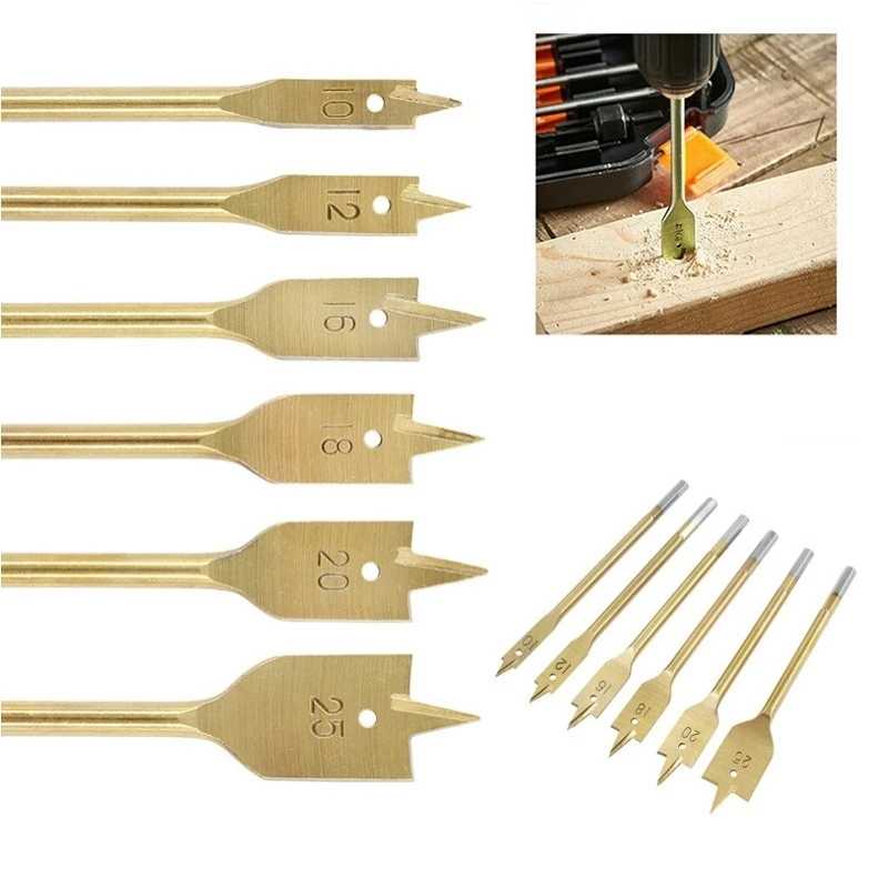 1 set 6 Pcs Spade Drill Bit Set Paddle Flat Bits Hole Cutter Titanium Coating Carbon Steel Woodworking Tool 10/12/16/18/20/25mm