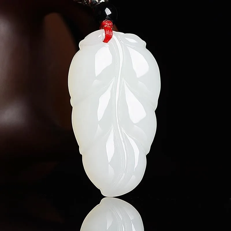 

Natural white jade suet white gold branches jade leaf pendant men's and women's jade pendant necklace