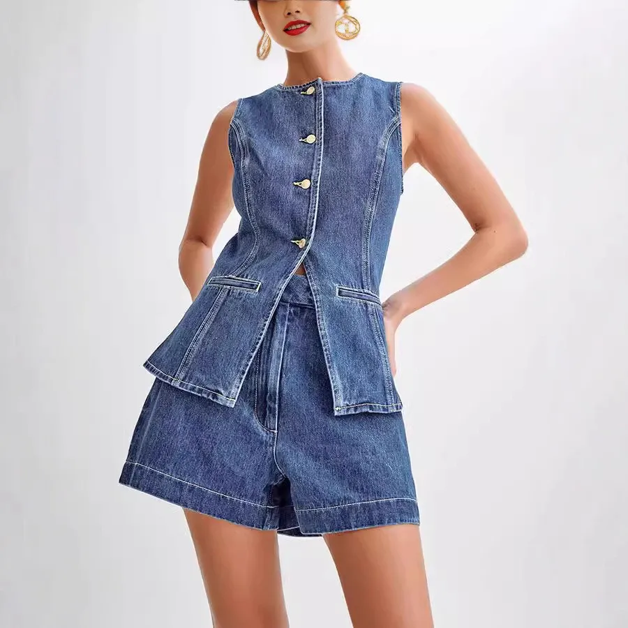 Women's Spring Sleeveless High Waist Distressed Cotton Shorts 2 Piece Set Solid Color Capri Length Matching Sets Woman Outfits
