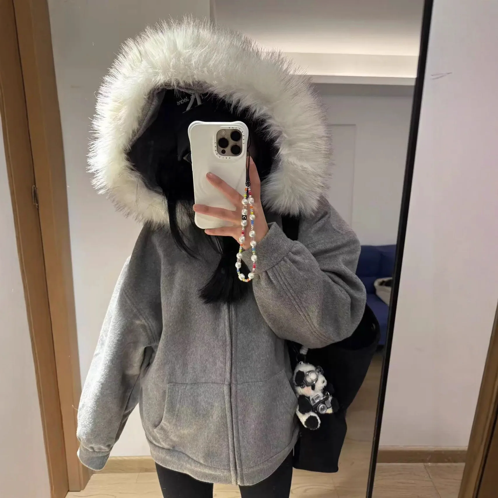 

Plush Hooded Fur-Trim Zipper Sweatshirt Cardigan for Women, Winter Loose Lazy Casual Jacket