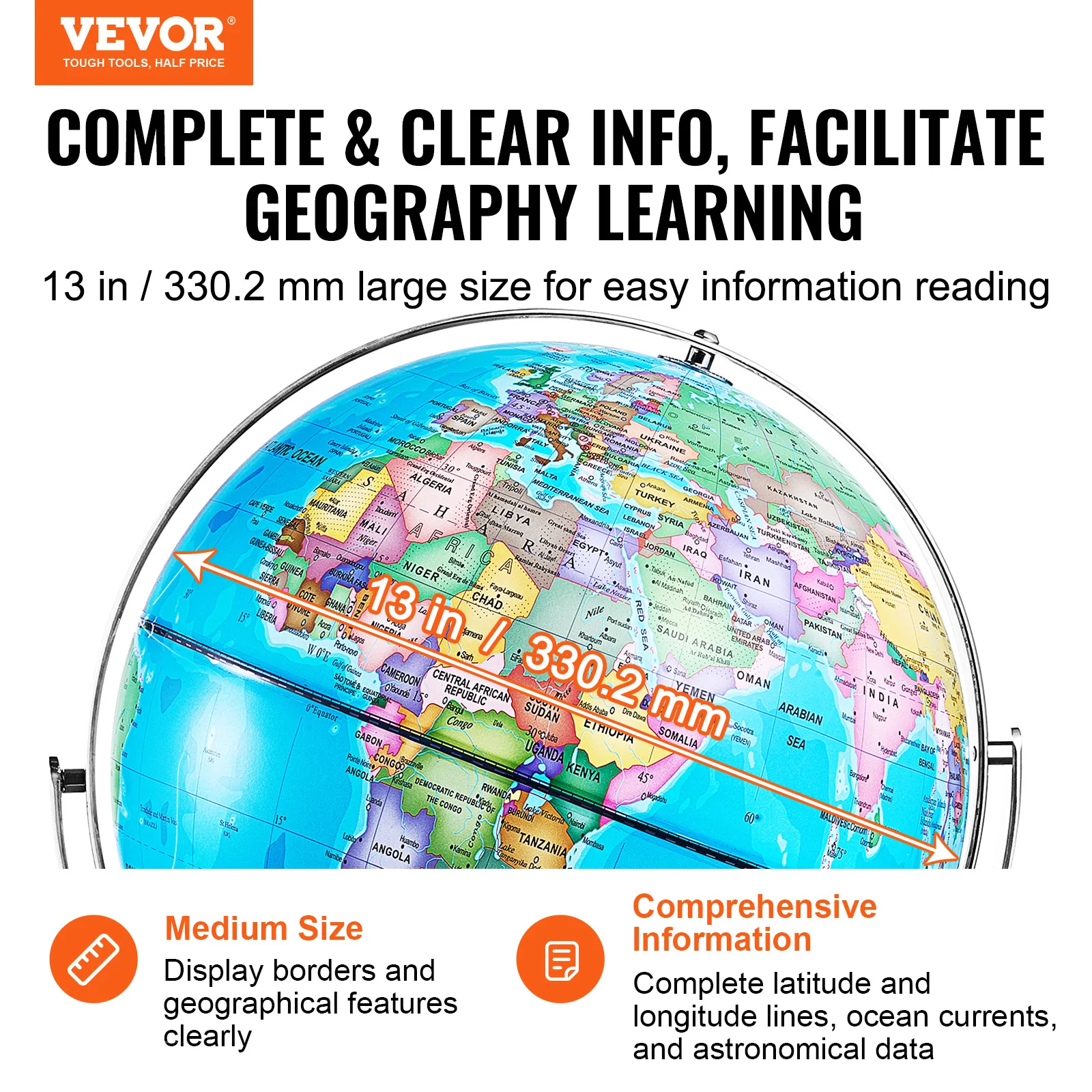 كرة أرضية دوارة من SucceBuy مع حامل 13 بوصة/330.2 مم منطقة زمنية دقيقة مادة ABS 720 ° الغزل لتعليم الجغرافيا للأطفال #2