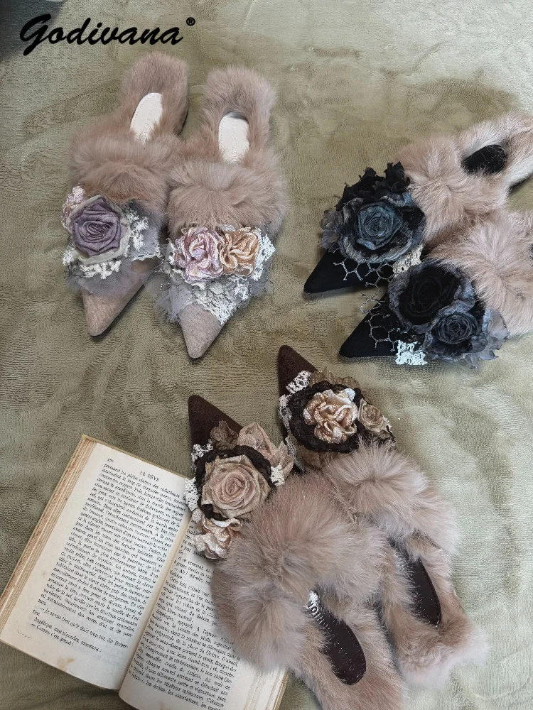 Handmade Rose Warm Furry Half Pack Slippers New Winter Women's Fleece Lined Pointed Toe Slip on Fur Shoes Wearable Outdoor