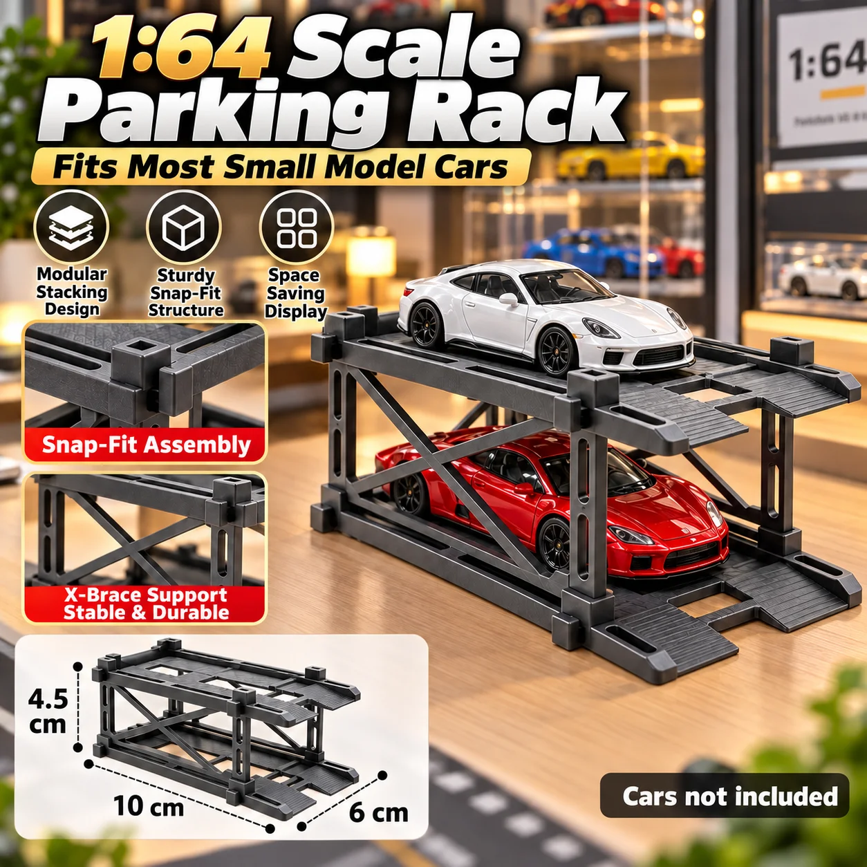 1:64 Diecast Model Car Display Rack Modular Stackable Parking Stand Double Deck Storage Shelf with X-Brace for Collectors 14+