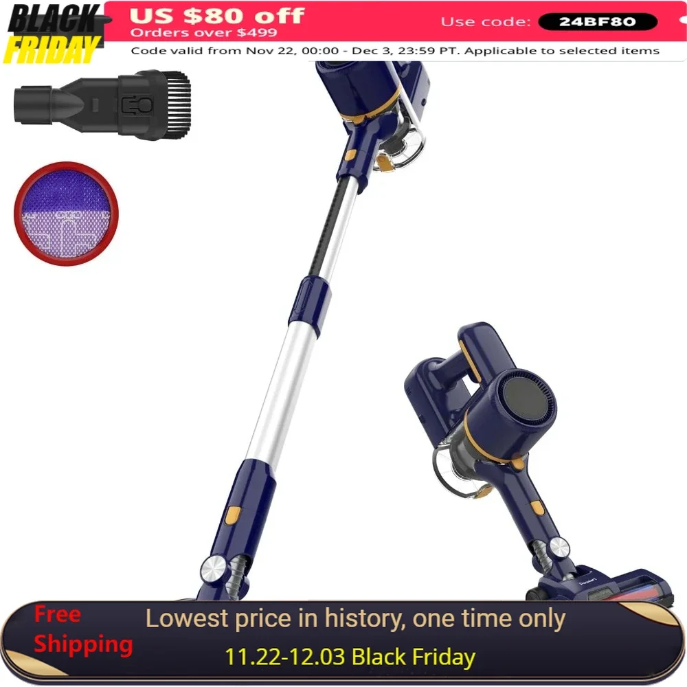 Cordless brush vacuum cleaner, powerful LED, 6-in-1 multifunctional, quiet and rechargeable vacuum cleaner