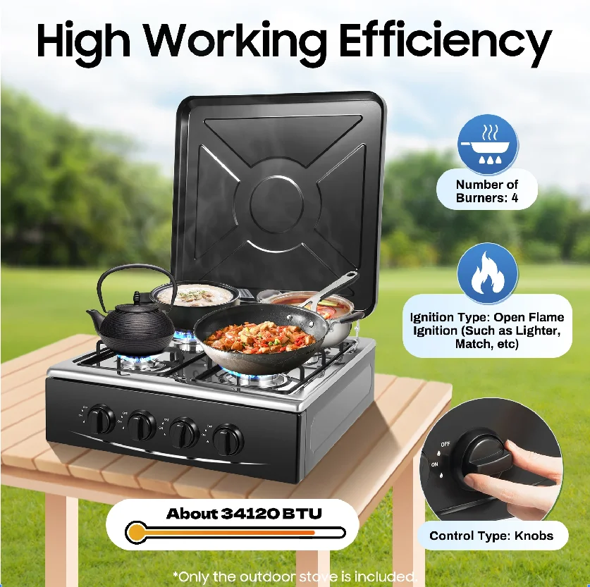 موقد غاز خارجي من الفولاذ المقاوم للصدأ مع 4 حرق 4 * 2.5 كيلو وات، مساحة تخزين من طبقتين، تصميم متعدد الموقد لكل نشاط خارجي