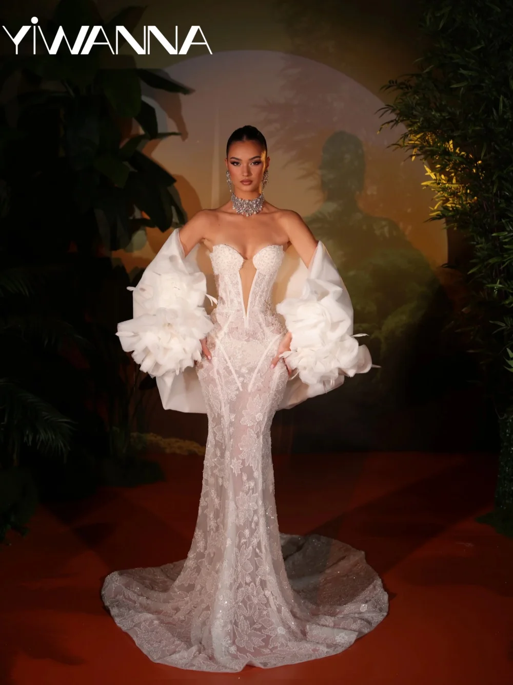 

2026 New Elegant Floral Lace Wedding Dress With Shawl Shinny Bead Mermaid Long Bridal Gown Customized Illusion Dresses For Bride