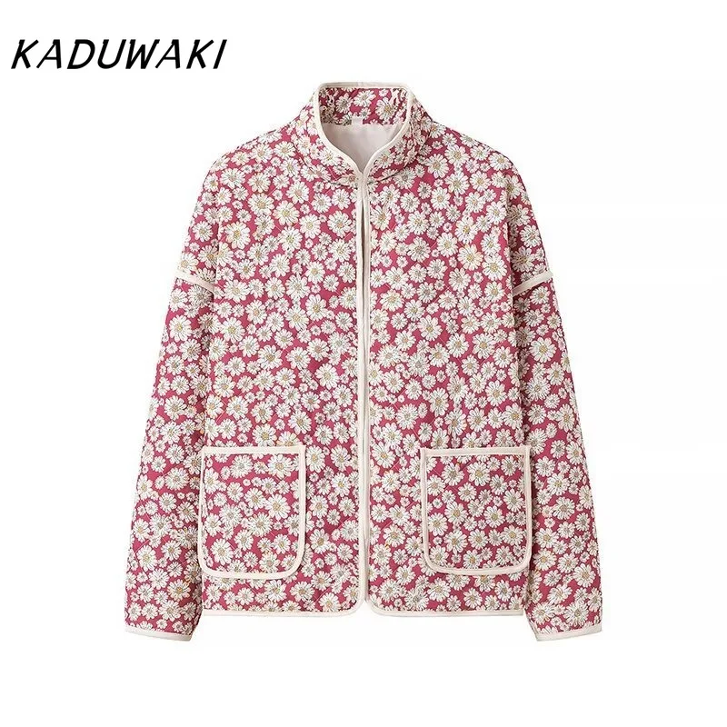 

KADUWAKI Women's Autumn New Floral Print Stand Collar Color Matching Pocket Quilted Padded Coats Female Warm Outwear Chic Parkas