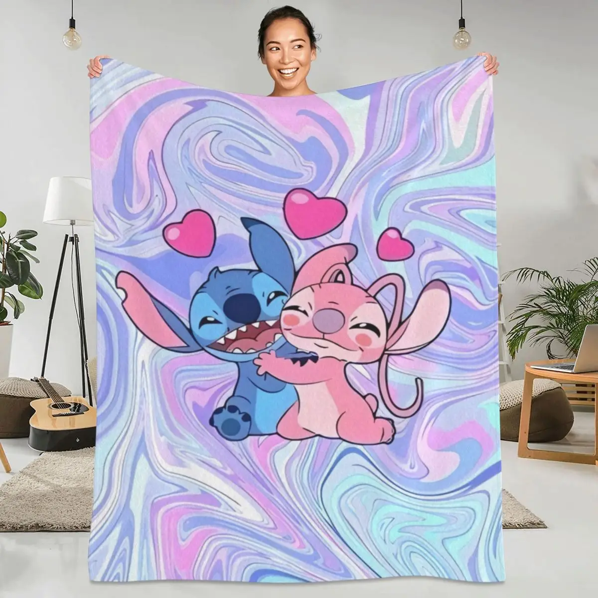 Kawaii Stitch And Angel Blanket Cute Cartoon Picnic Flannel Throw Blanket For Couch Chair Super Warm Bedspread Birthday Gift