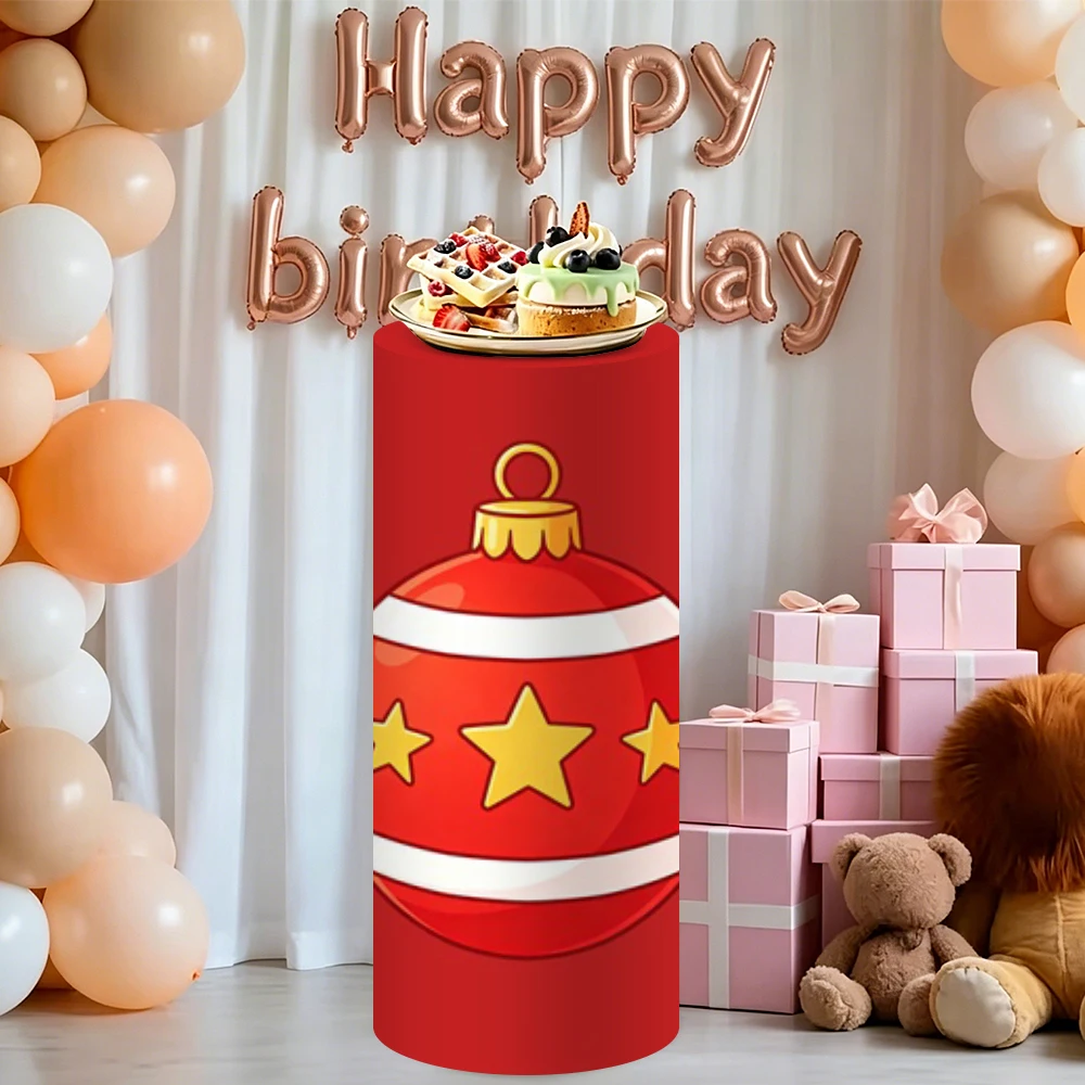 Yeele 3PCS/5PCS Red Christmas Cylinder Stand Cover Xmas Tree Wreath Bell Gift Kids Family Portrait Elastic Dessert Table Covers