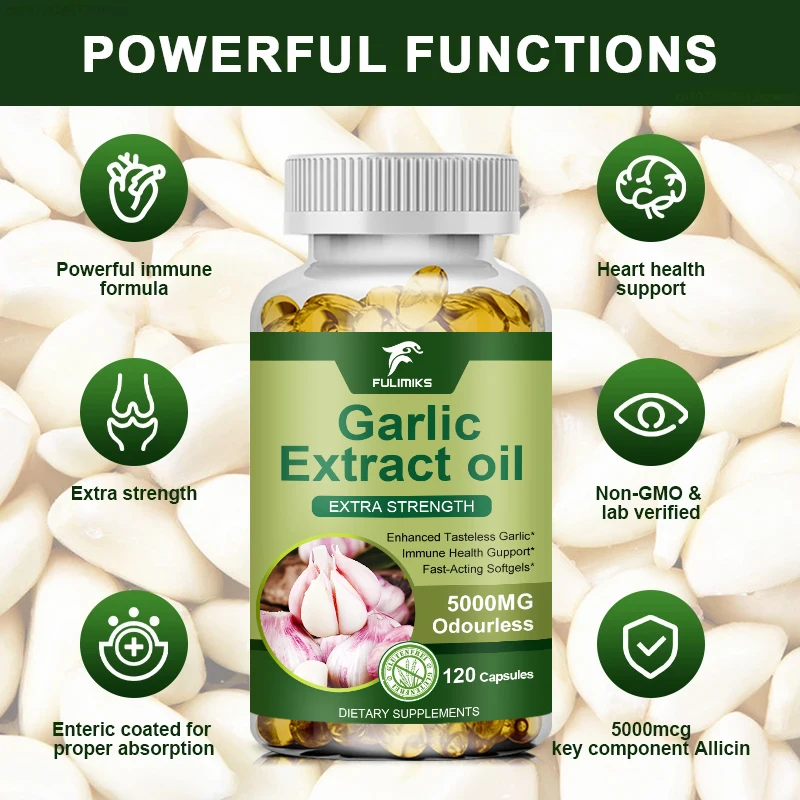 Organic Garlic Oil Extract Capsule, Odor-free, for Immune and Cardiovascular, Cholesterol Health Support Nutrition Supplement