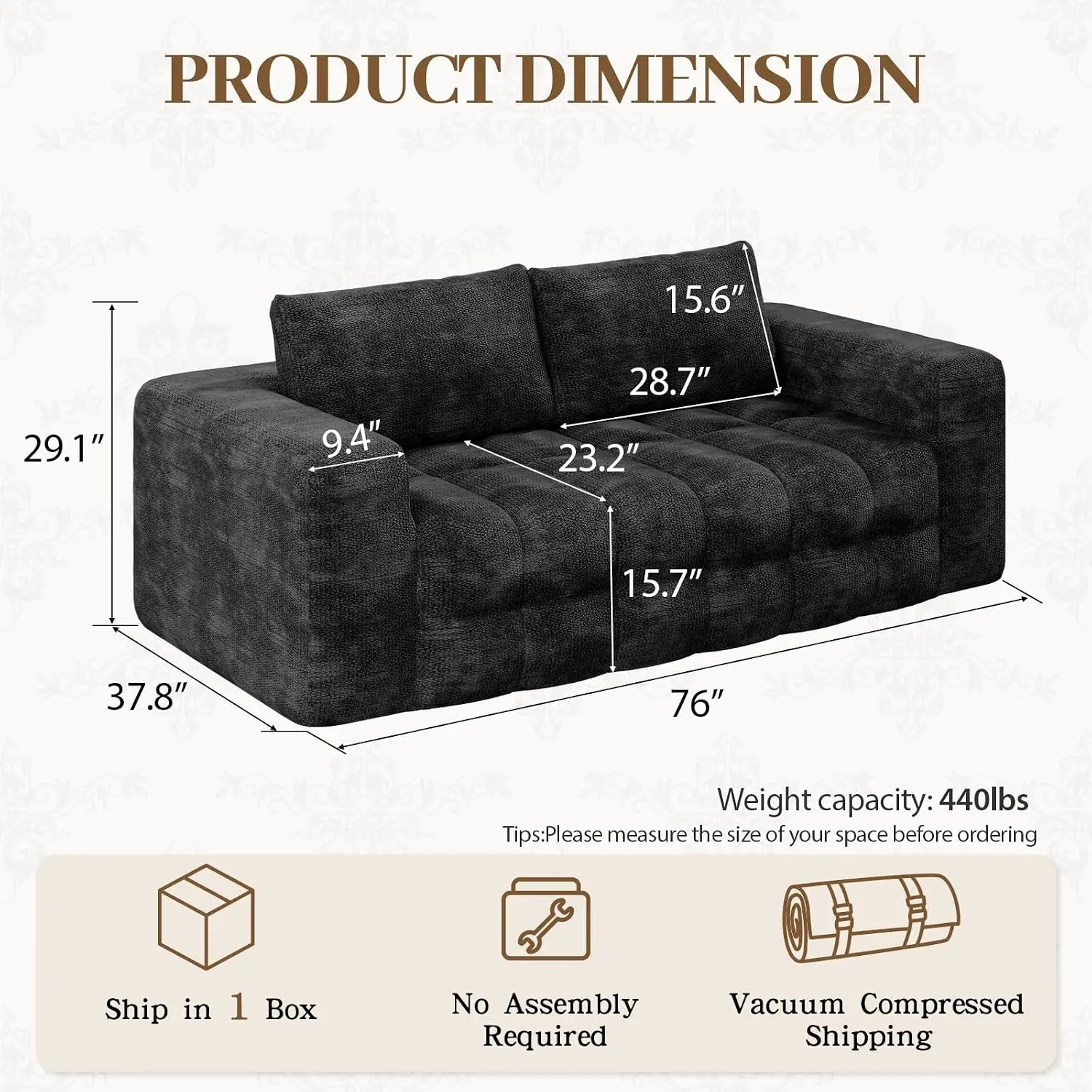 Oversized Cloud Tufted Loveseat Deep Seat Memory Foam, 3 Seater Chenille Sofa Apartment No Assembly Black, Customized