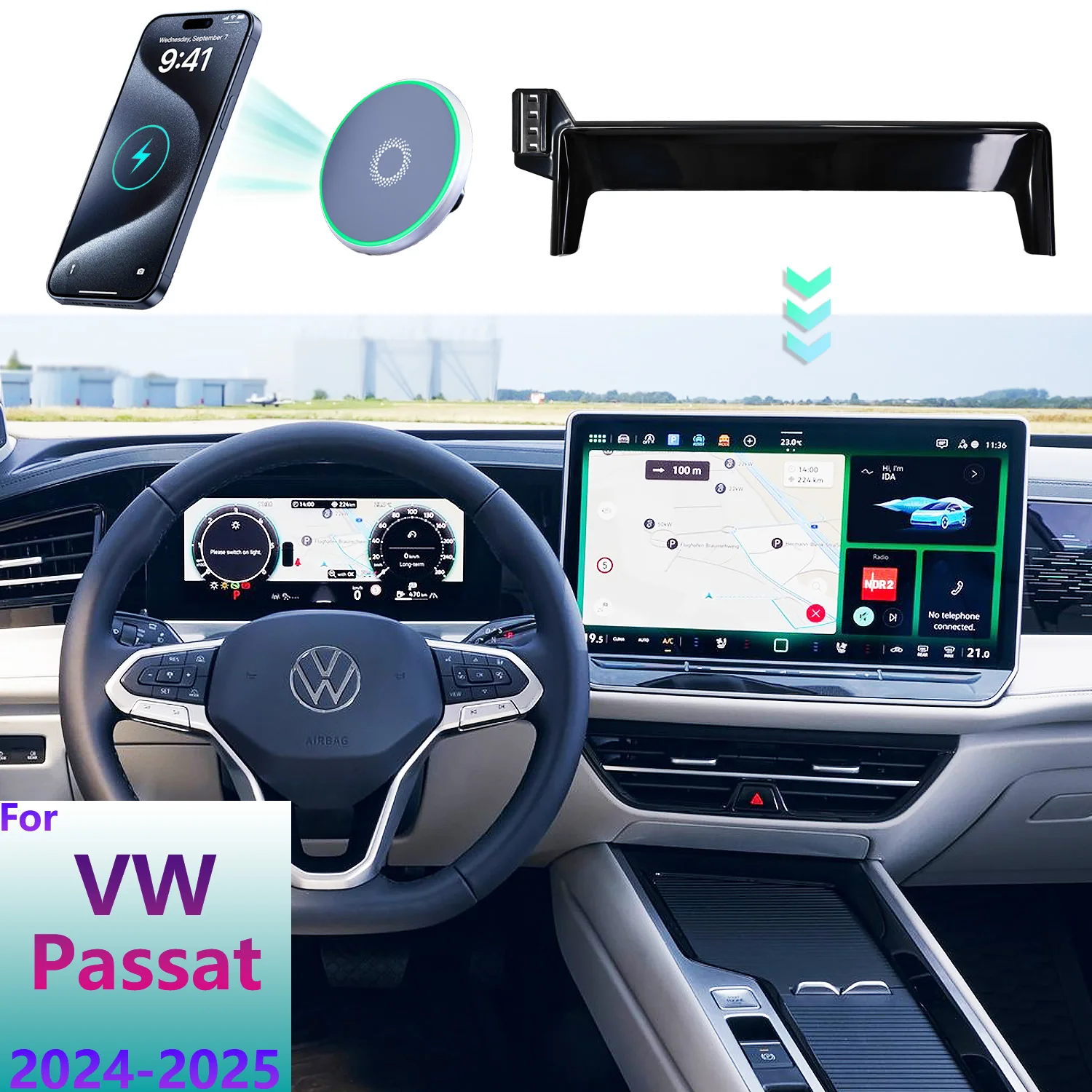 For Volkswagen Passat 2024 2025 Phone Holder Car Magnetic MagSafe Wireless Charging Mobile Phone Mount 15