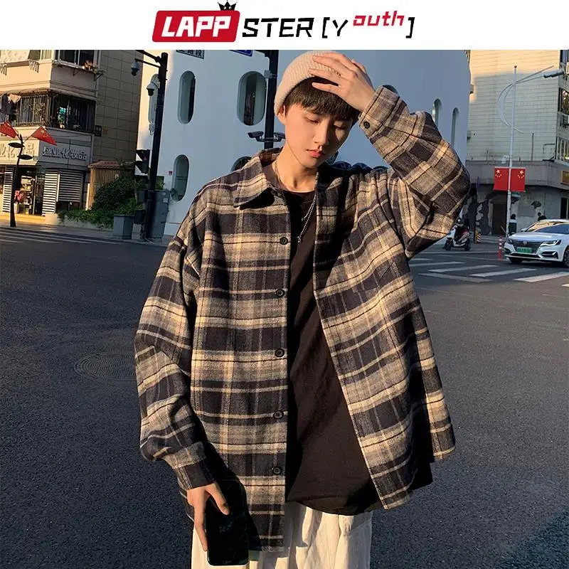 

LAPPSTER-Youth Y2k Flannel Harajuku Oversized Plaid Shirt 2023 Japanese Korean Fashion Shirts Long Sleeve Vintage Casual Blouses