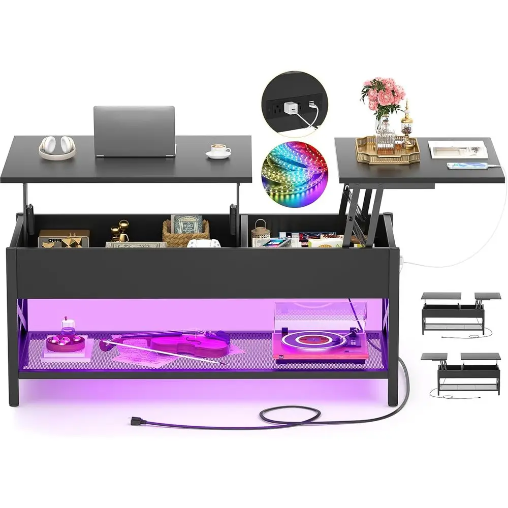 

Retro Lift-Top Coffee Table with Storage, LED Light, Power Outlet, and Hidden Compartment, Black Metal Frame for Living Room