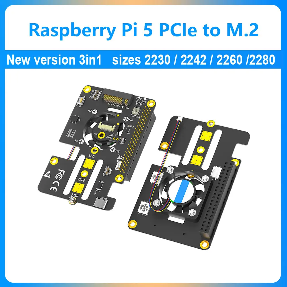 Raspberry Pi 5 PCIe to M.2 SSD Board HAT NVMe Pi5 2280-2242 2230 Hat 3in1 With Fan Automatic Discoloration LED