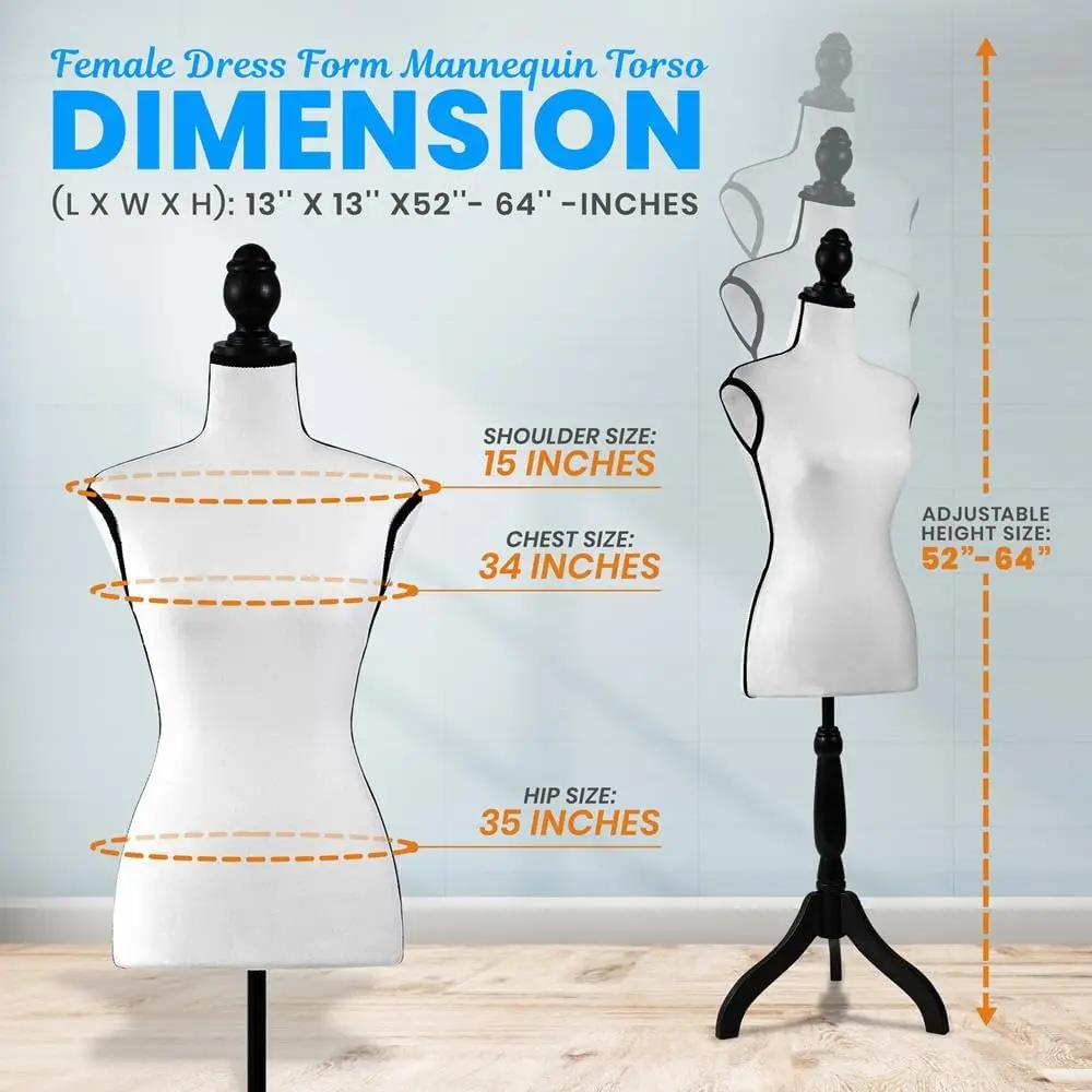 

White Female Dress Form Mannequin with Adjustable Height (52"–64") – Lightweight Foam Torso for Sewing
