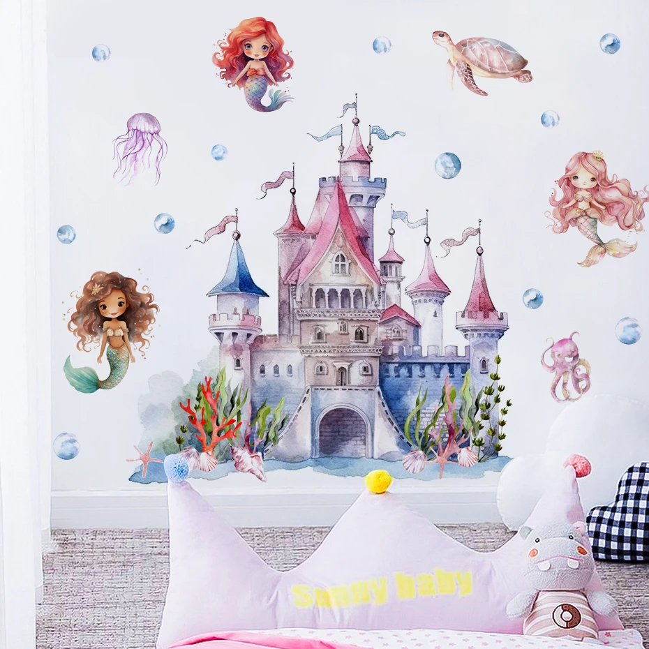 Mermaid Castle Underwater World Wall Stickers For Kids Rooms Children\'s Room Decorative Vinyls For Walls Cartoon Wall Stickers