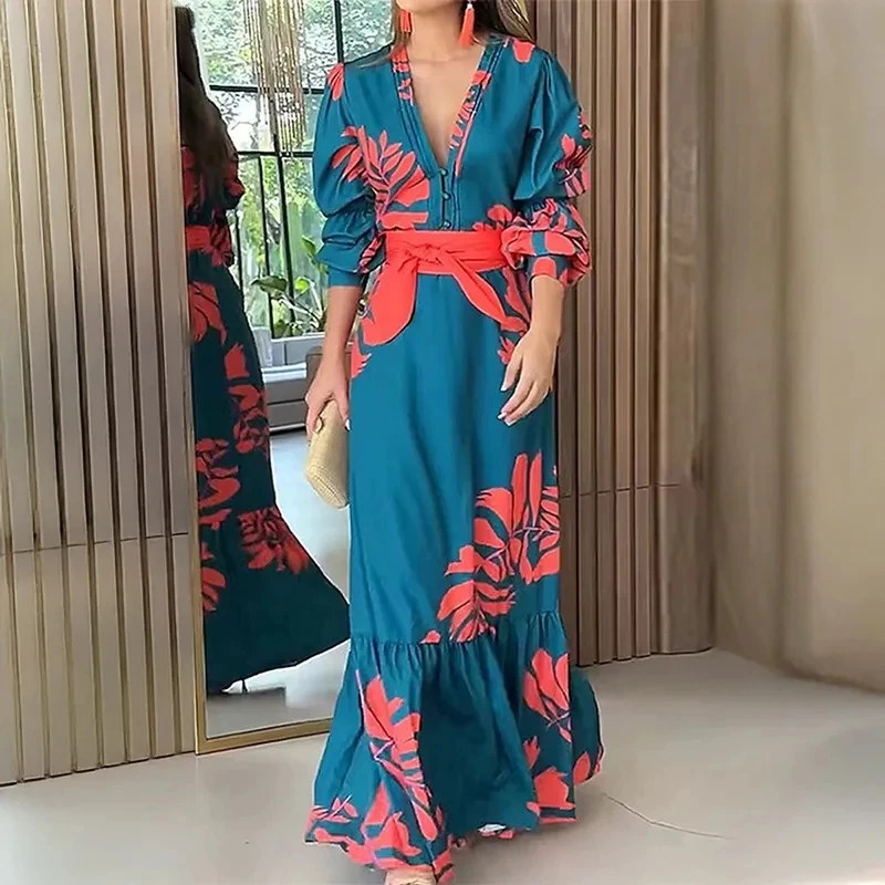 

Women's Dress Fashion Printed Long Sleeve V-Neck Autumn Winter Long Camping Vacation Versatile Vestido Femininos Vestido