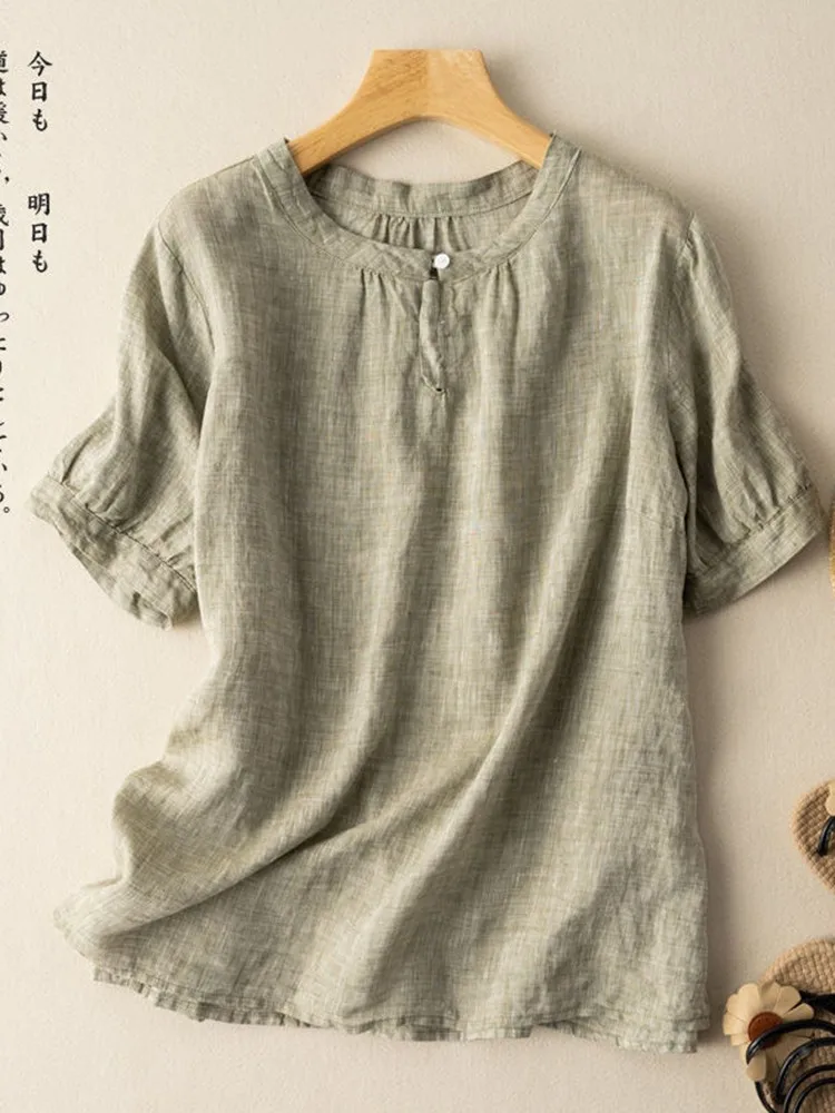 Women Short Sleeve T-shirts New Arrival 2022 Summer Vintage Style Solid Color Cotton Linen Loose Female Casual Tops Tees B1858