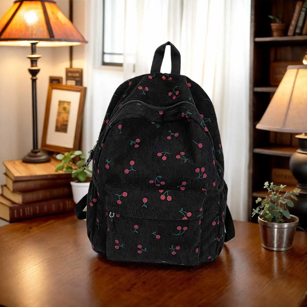 กระเป๋าหนังสือผ้าลูกฟูกน่ารักลายเชอร์รี่ กระเป๋าเดินทางสำหรับผู้หญิง สายสะพายปรับได้ กระเป๋าเรียนแบบมีซิปสำหรับทำงาน ช้อปปิ้ง และไปโรงเรียน