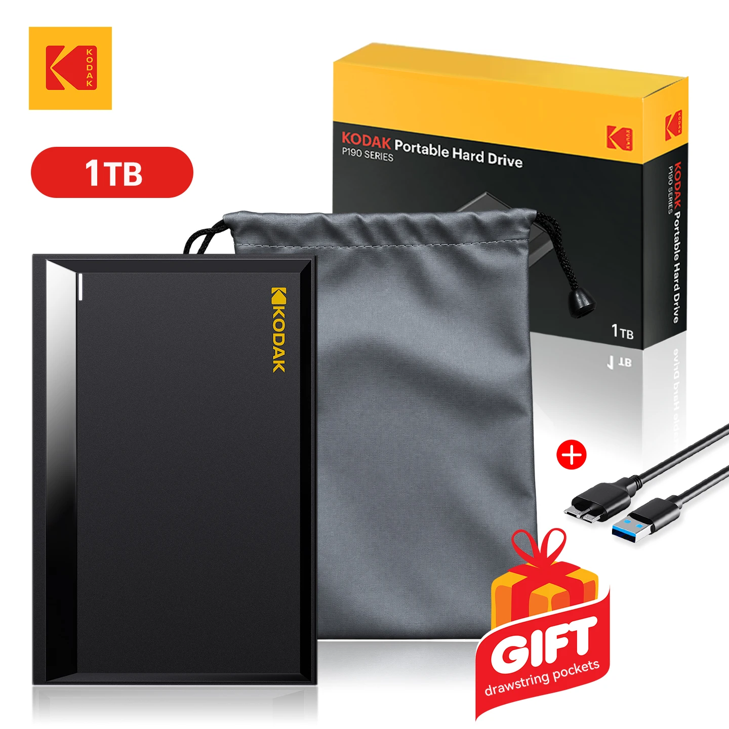 KODAK P190 External HDD 500GB 1TB Portable 2.5 Inch Hard Drive USB 3.0 5Gbps Storage for PC Laptop PS4 PS5 with Free Case