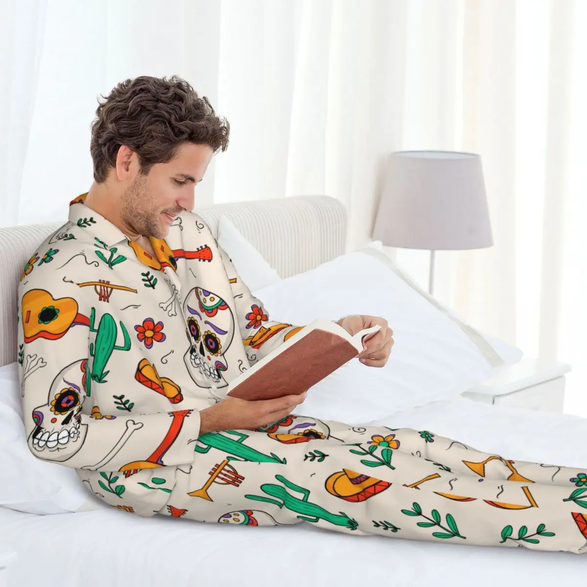 Halloween Pajamas Guitars And Mexican Skeletons Men's Winter Pajamas Set