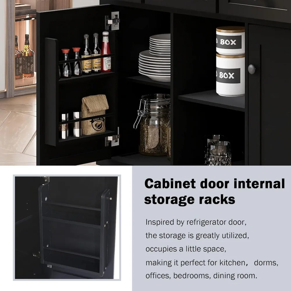 Kitchen Island-Chariot de cuisine mobile à roulettes, armoire Rolling Island avec cuir chevelu tombant, armoire de rangement, 3 égouts de proximité, noir