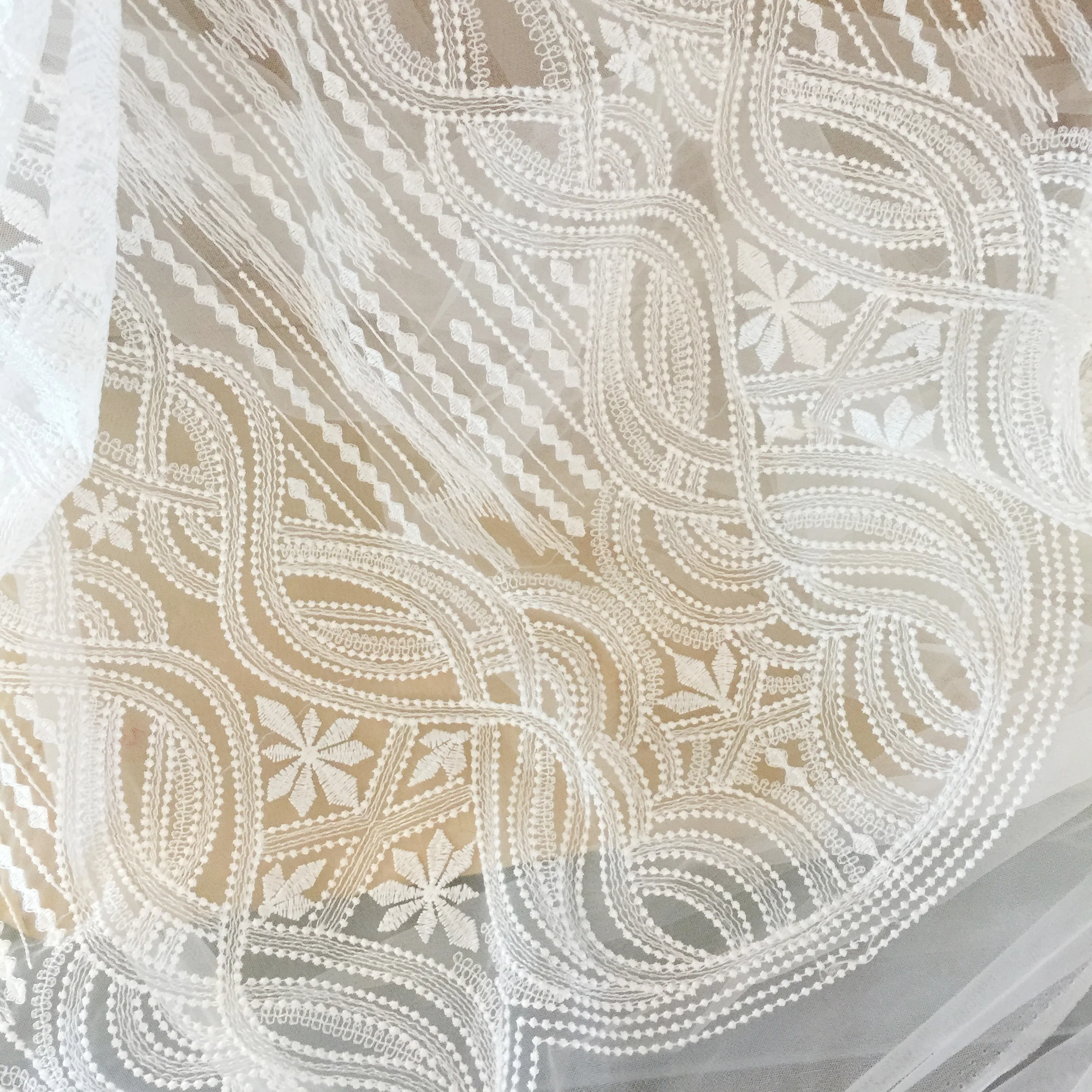 3Yards European and American Large Wave Geometric Pattern Lace Fabric, Silk Thread Material, High-end Travel Photography Fabric