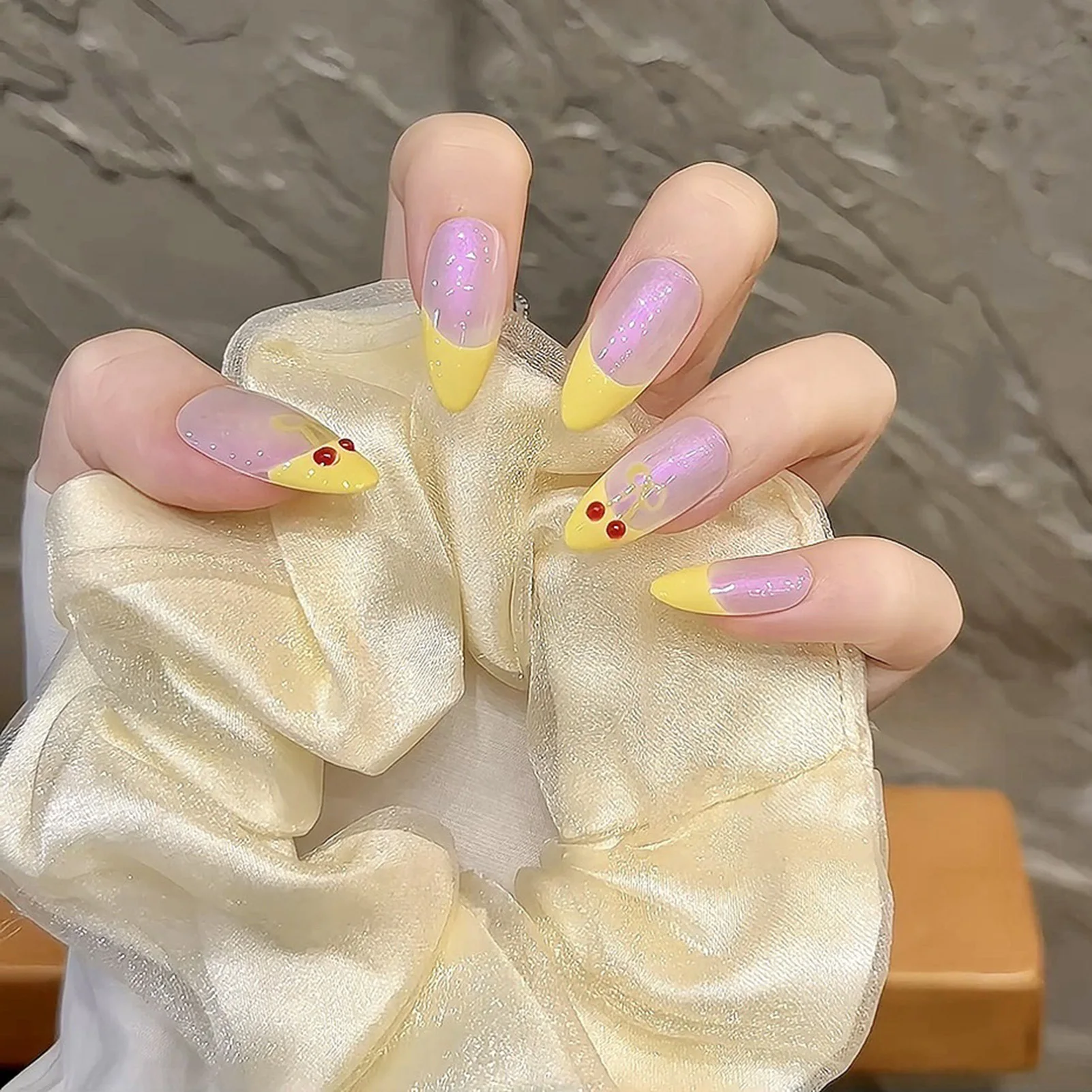 Yellow French Press On Nails Moonshine Pink Handmade False Nails With Hand Painted Cherry Designs Detachable Almond Fake Nail