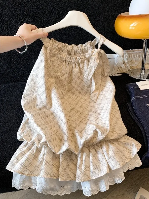 

plus Size 300 Pounds Korean Style Hollow out Shoulder Bridesmaid Top Women's Summer Plaid Strap Vest Casual Loose Fit Skin-Fr...